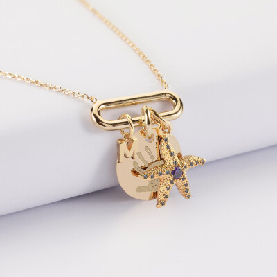 Collier chaîne ovale ouvert personnalisé médaille gravée plaqué or 15 mm et breloque(s) summer - à composer - empreinte de main