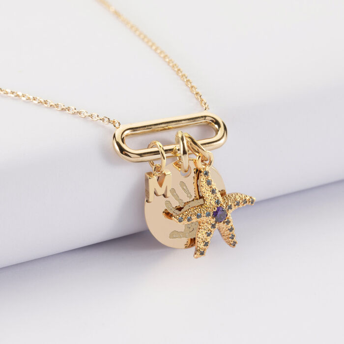 Collier chaîne ovale ouvert personnalisé médaille gravée plaqué or 15 mm et breloque(s) summer - à composer - empreinte de main