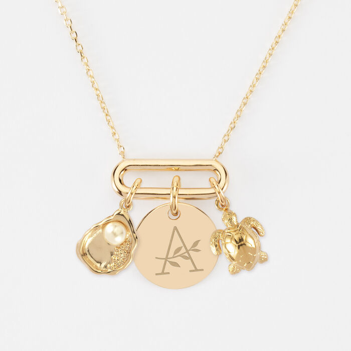 Collier chaîne ovale ouvert personnalisé médaille gravée plaqué or 15 mm et breloque(s) summer - à composer - initiale A