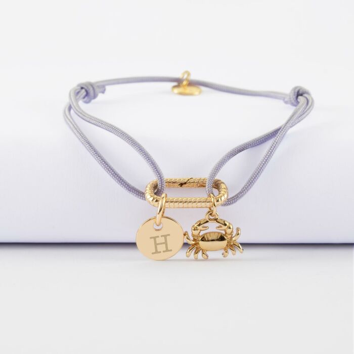 Bracelet personnalisé cordon mousqueton perle 17x11 mm médaille gravée plaqué or 10 mm et breloque(s) summer - à composer