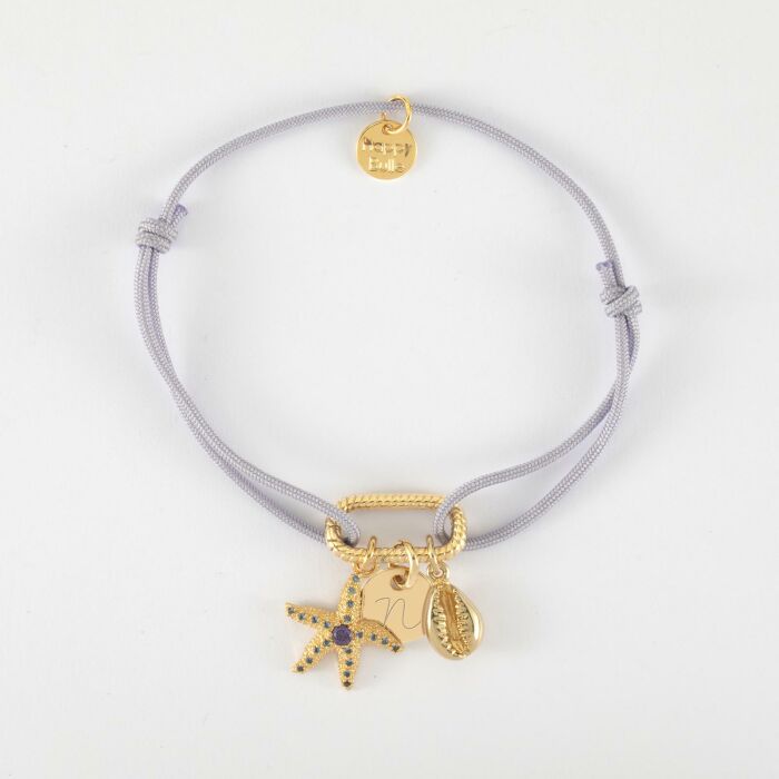 Bracelet personnalisé cordon mousqueton perle 17x11 mm médaille gravée plaqué or 10 mm et breloque(s) summer - à composer