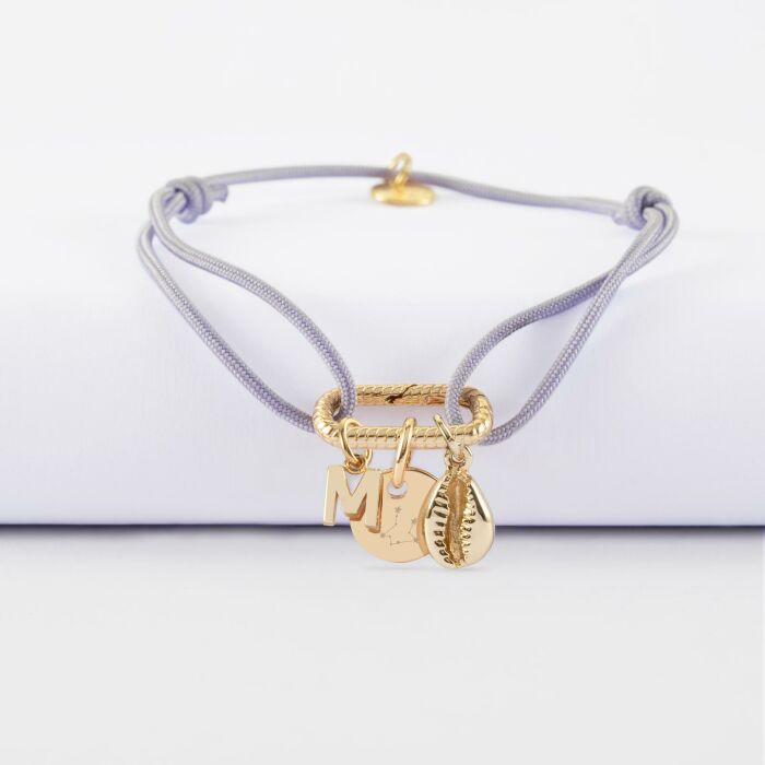 Bracelet personnalisé cordon mousqueton perle 17x11 mm médaille gravée plaqué or 10 mm et breloque(s) summer - à composer