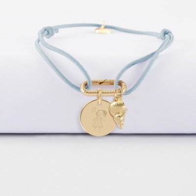 Bracelet personnalisé cordon mousqueton perle 17x11 mm médaille gravée plaqué or 15 mm et breloque(s) summer - à composer - dessin