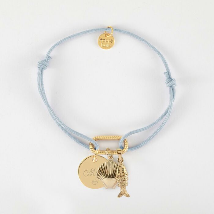 Bracelet personnalisé cordon mousqueton perle 17x11 mm médaille gravée plaqué or 15 mm et breloque(s) summer - à composer  -prénom