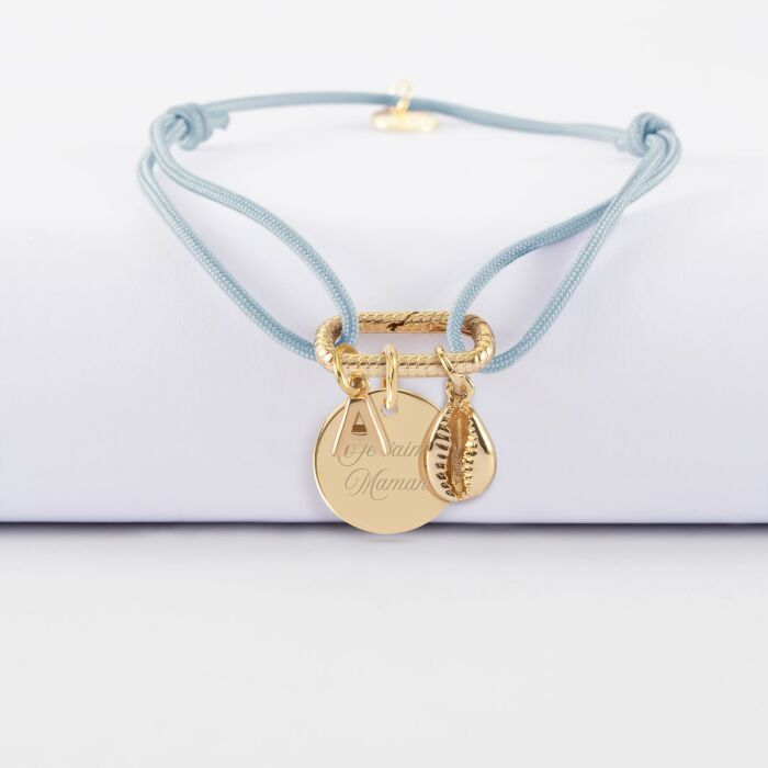 Bracelet personnalisé cordon mousqueton perle 17x11 mm médaille gravée plaqué or 15 mm et breloque(s) summer - à composer  texte maman