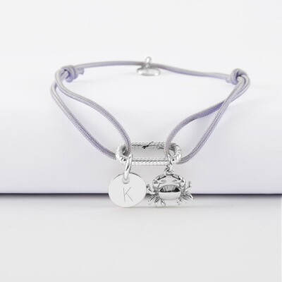 Bracelet personnalisé cordon mousqueton perle 17x11 mm médaille gravée argent 10 mm et breloque(s) summer - à composer - lettre K