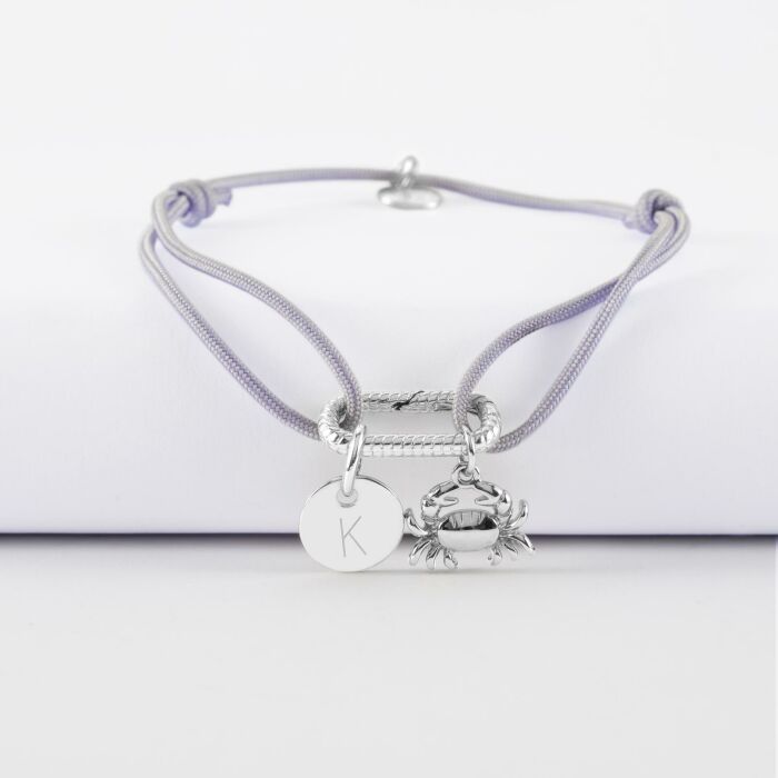 Bracelet personnalisé cordon mousqueton perle 17x11 mm médaille gravée argent 10 mm et breloque(s) summer - à composer - lettre K