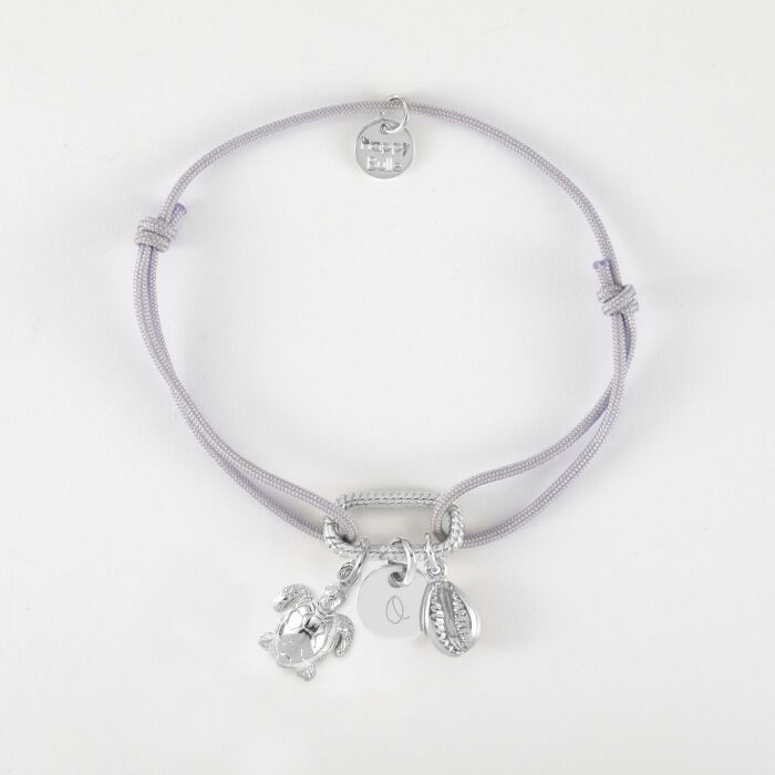 Bracelet personnalisé cordon mousqueton perle 17x11 mm médaille gravée argent 10 mm et breloque(s) summer - à composer