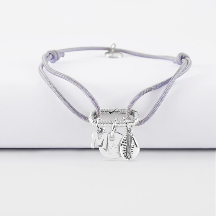 Bracelet personnalisé cordon mousqueton perle 17x11 mm médaille gravée argent 10 mm et breloque(s) summer - à composer - pictogramme couronne