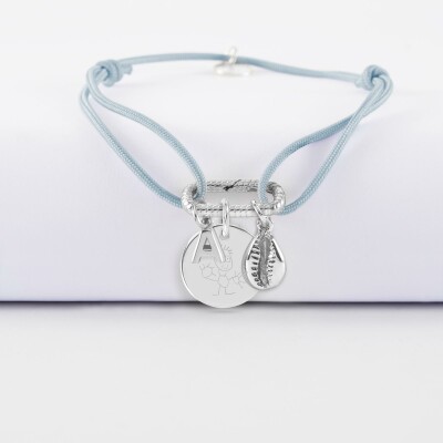 Bracelet personnalisé cordon mousqueton perle 17x11 mm médaille gravée argent 15 mm et breloque(s) summer - à composer - dessin