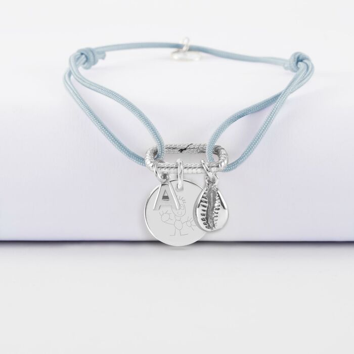 Bracelet personnalisé cordon mousqueton perle 17x11 mm médaille gravée argent 15 mm et breloque(s) summer - à composer - dessin