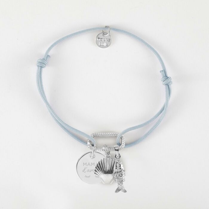 Bracelet personnalisé cordon mousqueton perle 17x11 mm médaille gravée argent 15 mm et breloque(s) summer - à composer - illsutration maman