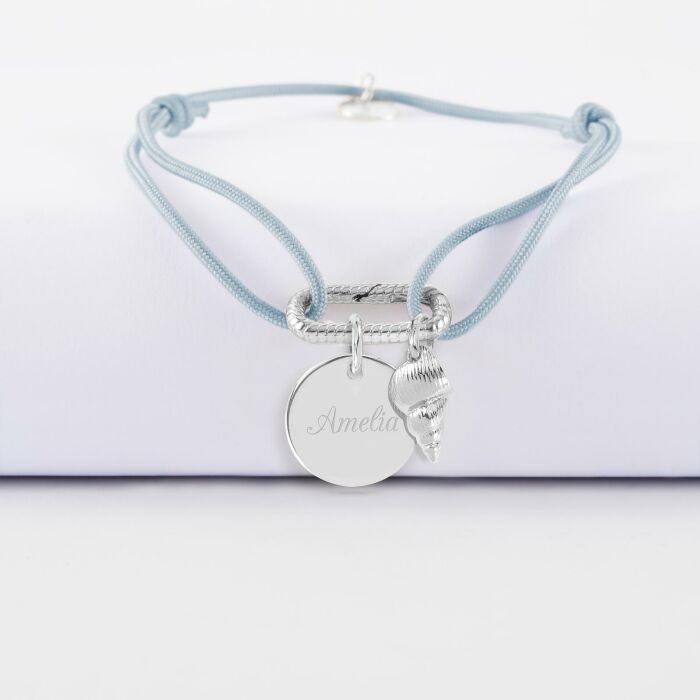 Bracelet personnalisé cordon mousqueton perle 17x11 mm médaille gravée argent 15 mm et breloque(s) summer - à composer - prénom