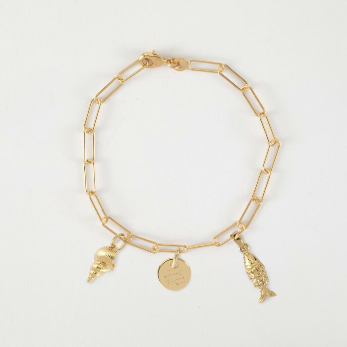 Bracelet personnalisé petites mailles médaille gravée plaqué or 10 mm et breloque(s) summer - à composer - signe astrologique