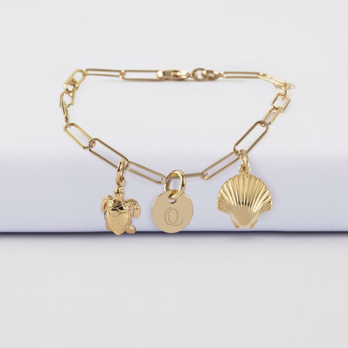 Bracelet personnalisé petites mailles médaille gravée plaqué or 10 mm et breloque(s) summer - à composer
