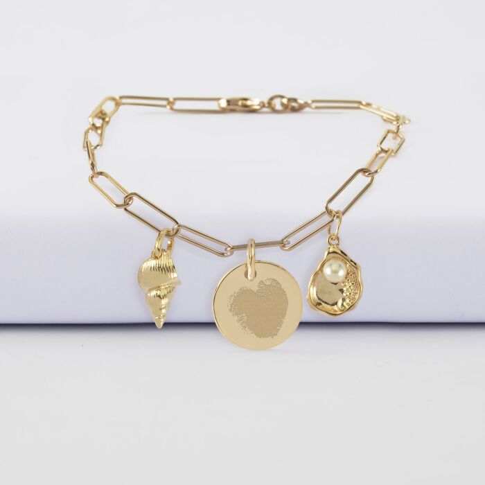 Bracelet personnalisé petites mailles médaille gravée plaqué or 15 mm et breloque(s) summer - à composer - empreinte digitale coeur