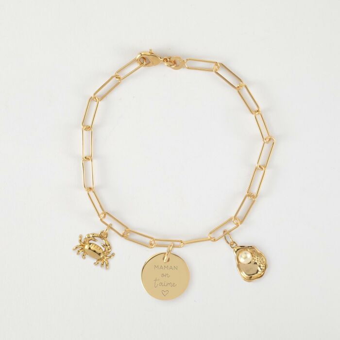 Bracelet personnalisé petites mailles médaille gravée plaqué or 15 mm et breloque(s) summer - à composer