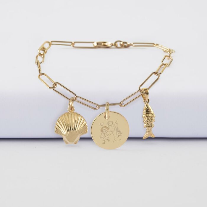 Bracelet personnalisé petites mailles médaille gravée plaqué or 15 mm et breloque(s) summer - à composer - dessin