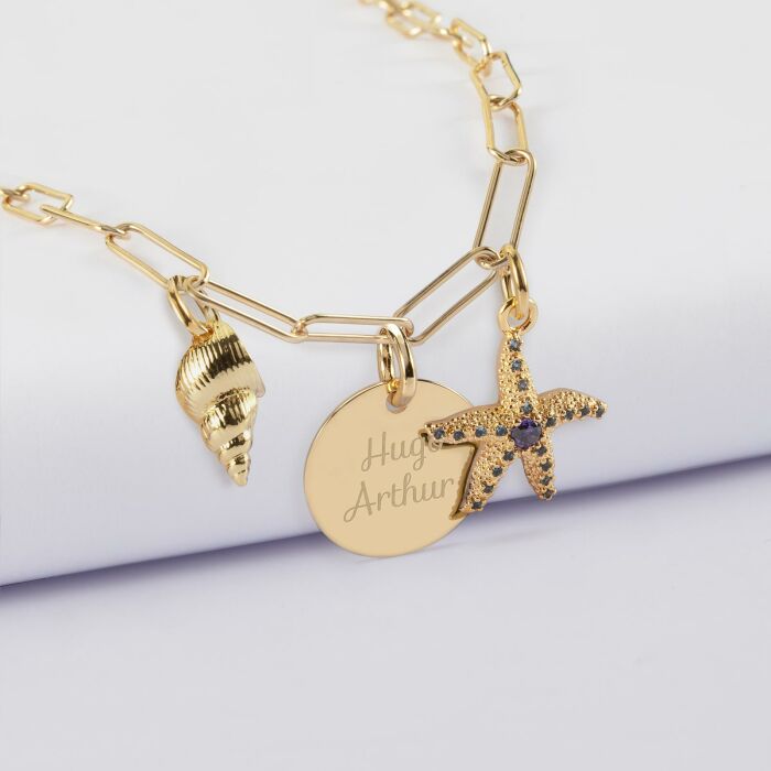 Collier personnalisé petites mailles médaille gravée plaqué or 15 mm et breloque(s) summer - à composer - prénoms enfants