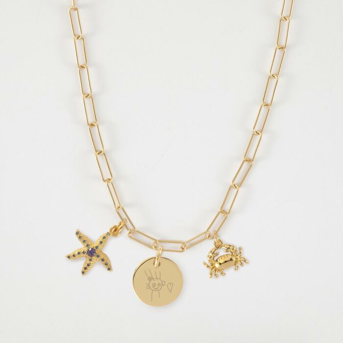 Collier personnalisé petites mailles médaille gravée plaqué or 15 mm et breloque(s) summer - à composer - dessin