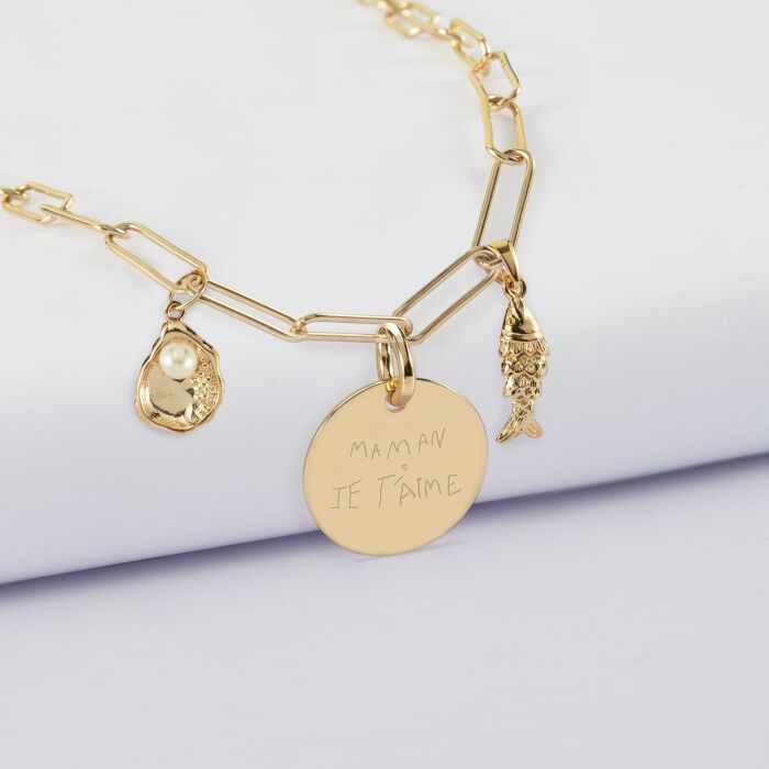 Collier personnalisé petites mailles médaille gravée plaqué or 15 mm et breloque(s) summer - à composer - écrit maman