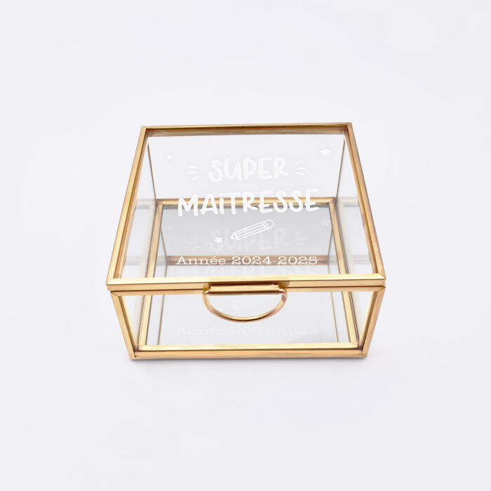 Boîte à bijoux personnalisée 10x10x5 cm verre gravée - Edition spéciale "Super maîtresse" - année scolaire