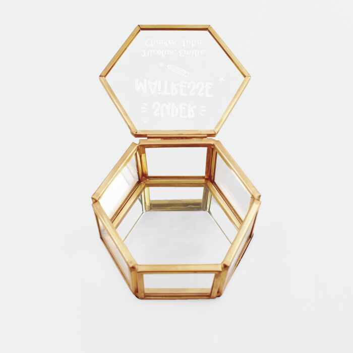 Boîte à bijoux personnalisée hexagonale 8x7x4 cm verre gravé - Edition spéciale "Super maîtresse" - enfants école