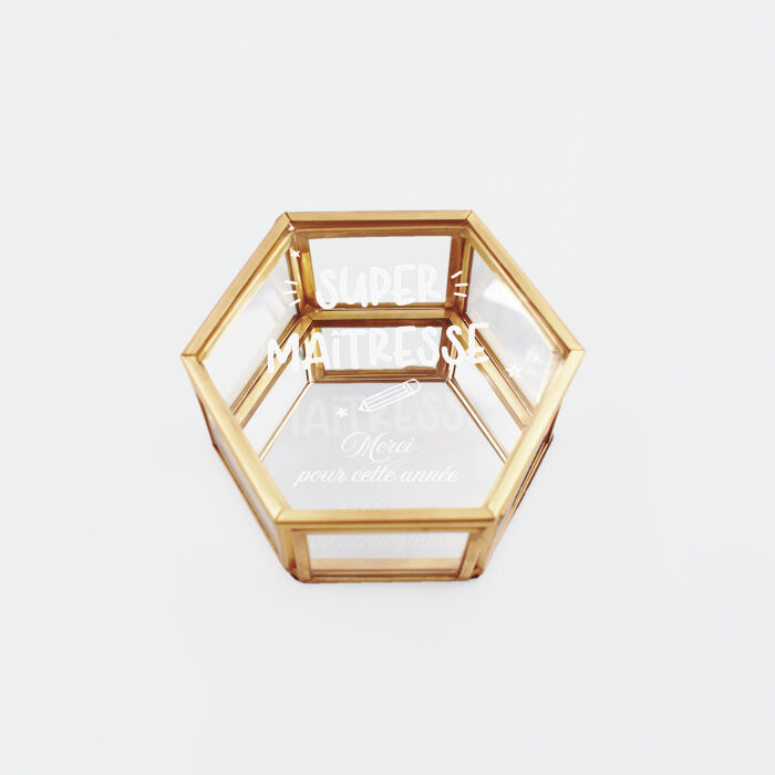 Boîte à bijoux personnalisée hexagonale 8x7x4 cm verre gravé - Edition spéciale "Super maîtresse" - texte fin d'année maîtresse