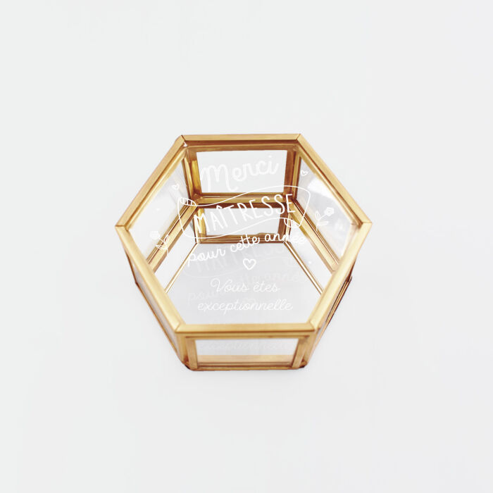 Boîte à bijoux personnalisée hexagonale 8x7x4 cm verre gravé - Edition spéciale "Merci maîtresse" - texte élèves
