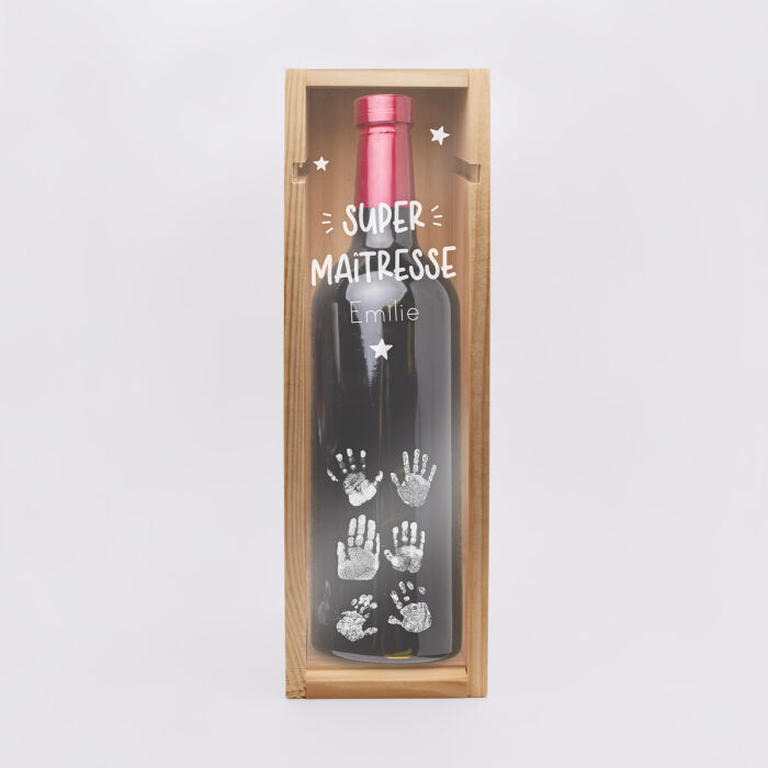 Caisse de vin personnalisée bois couvercle acrylique gravé - Edition spéciale "Super maîtresse" - empreintes de mains