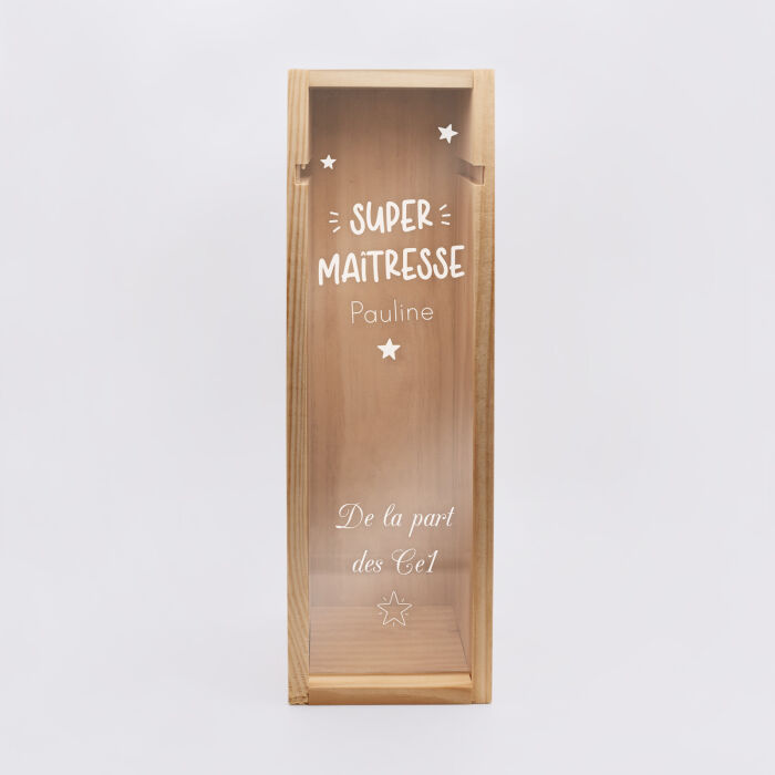 Caisse de vin personnalisée bois couvercle acrylique gravé - Edition spéciale "Super maîtresse" - texte classe fin d'année scolaire