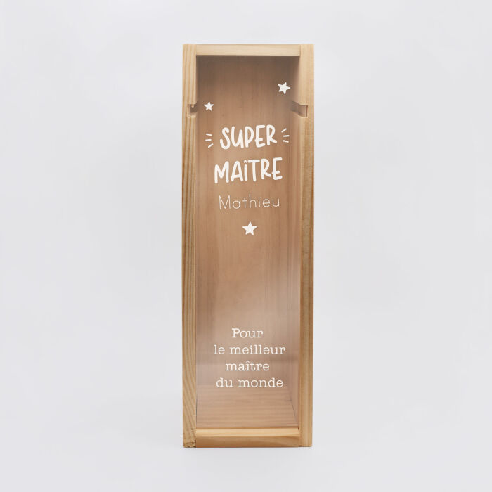 Caisse de vin personnalisée bois couvercle acrylique gravé - Edition spéciale "Super maître" - texte remerciement