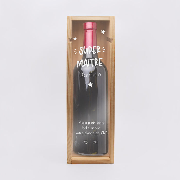 Caisse de vin personnalisée bois couvercle acrylique gravé - Edition spéciale "Super maître" - texte fin d'école