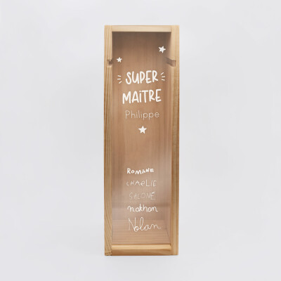 Caisse de vin personnalisée bois couvercle acrylique gravé - Edition spéciale "Super maître" - prénoms écrits élèves scolaire