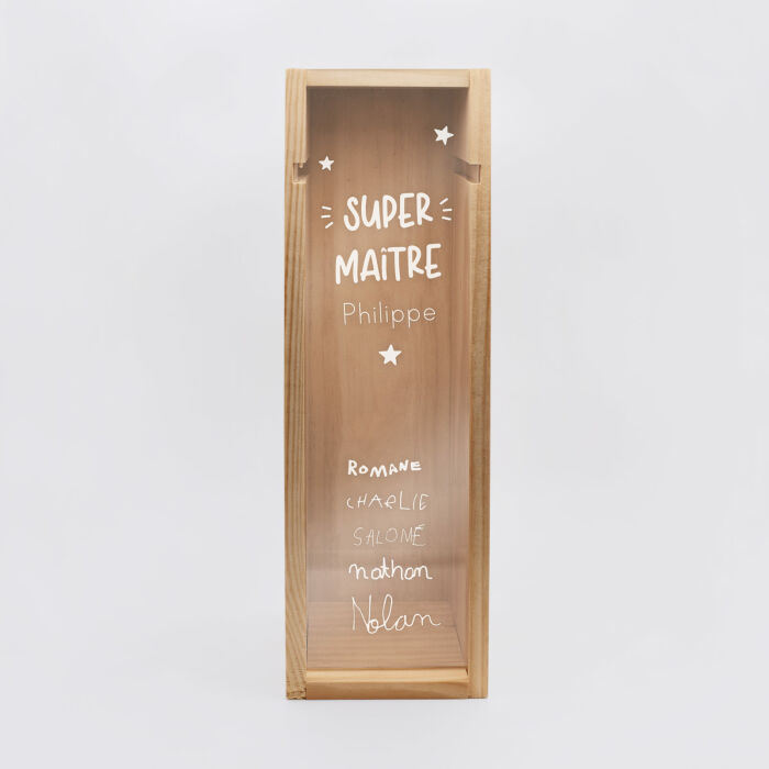 Caisse de vin personnalisée bois couvercle acrylique gravé - Edition spéciale "Super maître" - prénoms écrits élèves scolaire