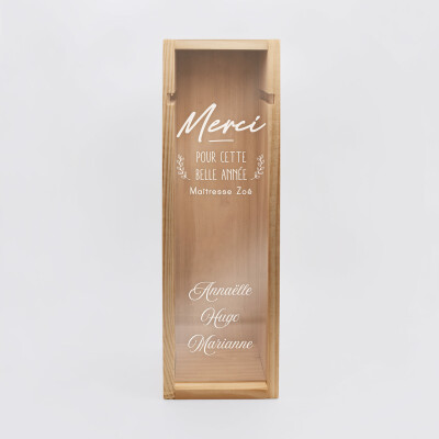 Caisse de vin personnalisée bois couvercle acrylique gravé - Edition spéciale "Merci pour cette belle année" - prénoms élèves