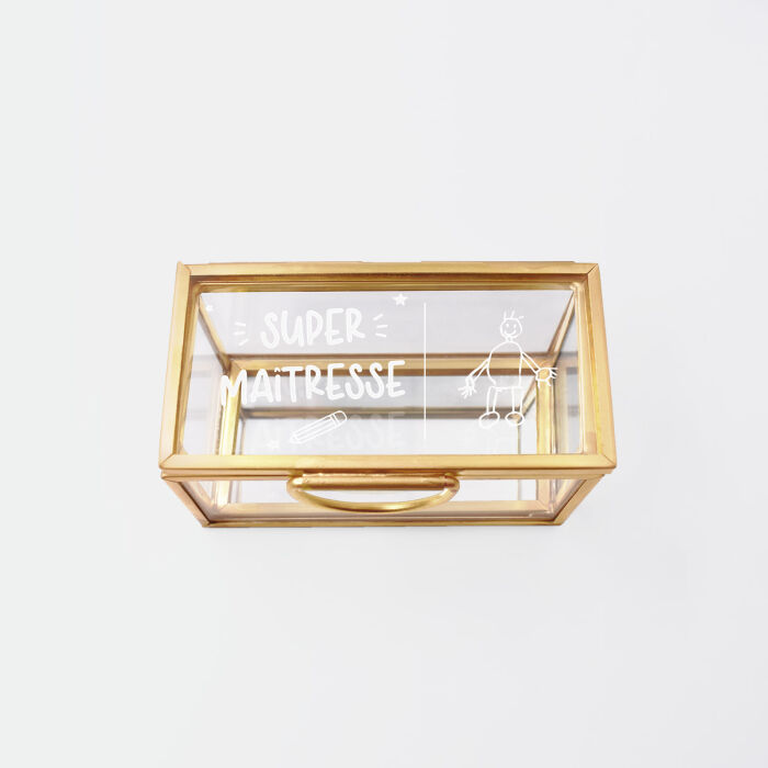 Boîte à bijoux personnalisée rectangle 8x4x4 cm verre gravé - Edition spéciale "Super maîtresse" - dessin