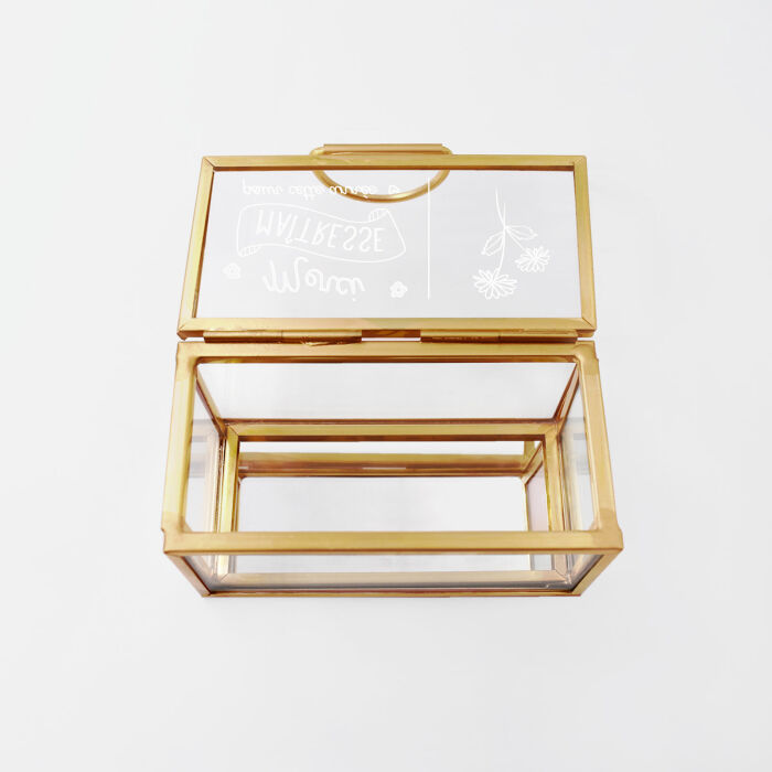 Boîte à bijoux personnalisée rectangle 8x4x4 cm verre gravé - Edition spéciale "Merci maîtresse" - illustration fleur