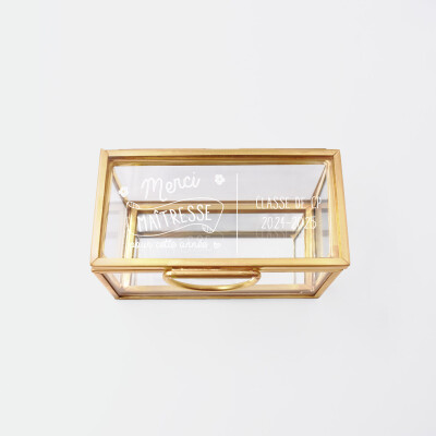 Boîte à bijoux personnalisée rectangle 8x4x4 cm verre gravé - Edition spéciale "Merci maîtresse" - année et classe