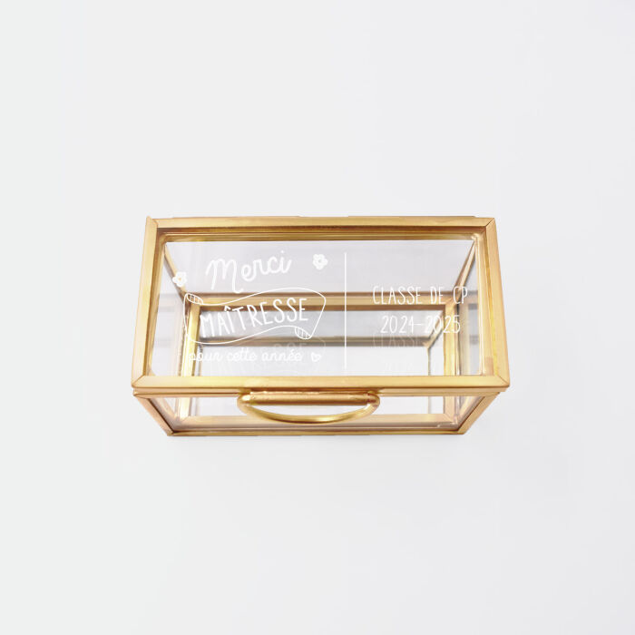 Boîte à bijoux personnalisée rectangle 8x4x4 cm verre gravé - Edition spéciale "Merci maîtresse" - année et classe