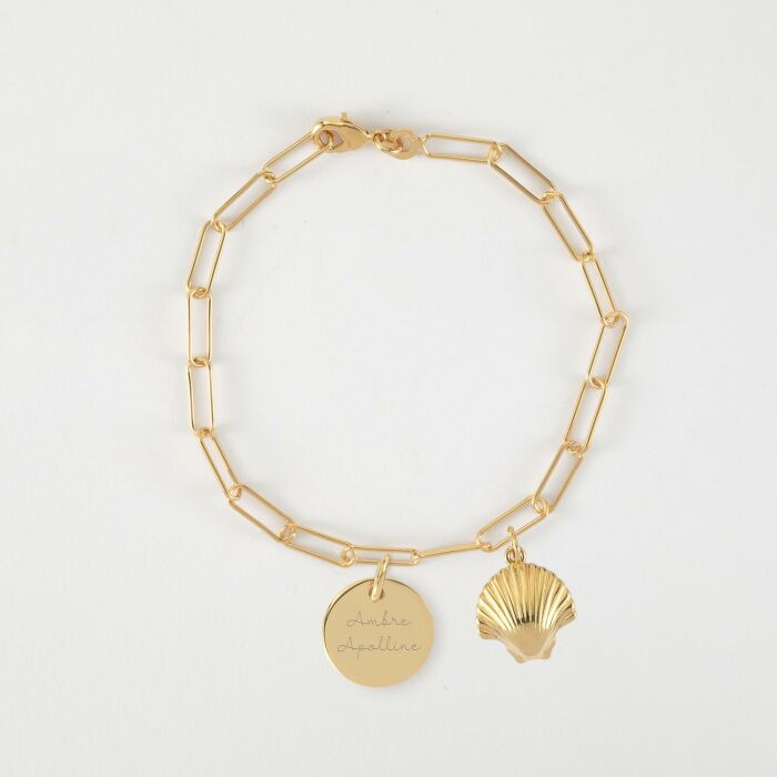 Bracelet personnalisé petites mailles médaille gravée plaqué or 15 mm et breloque(s) summer - à composer - prénoms enfants