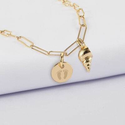 Collier personnalisé petites mailles médaille gravée plaqué or 10 mm et breloque(s) summer - à composer - pictogramme pieds