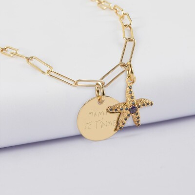 Collier personnalisé petites mailles médaille gravée plaqué or 15 mm et breloque(s) summer - à composer - écrit maman