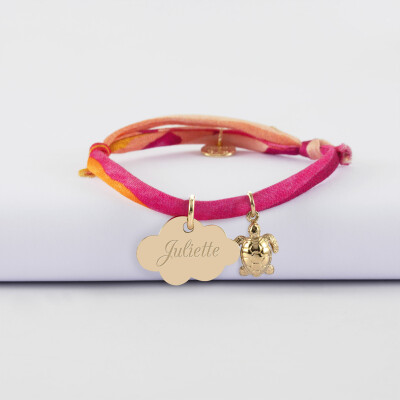 Bracelet enfant Liberty personnalisé prénom médaille gravée plaqué or nuage 20x14 mm et breloque tortue 10 mm - prénom fille