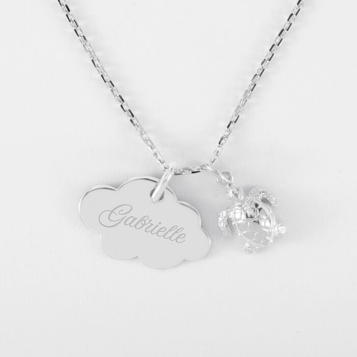 Pendentif enfant personnalisé médaille gravée argent nuage 20x14 mm et breloque tortue 10 mm - prénom