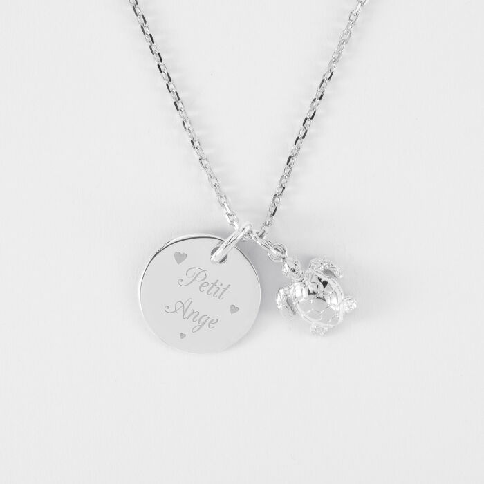 Pendentif enfant personnalisé médaille gravée argent 15 mm et breloque tortue 10 mm - texte petit ange