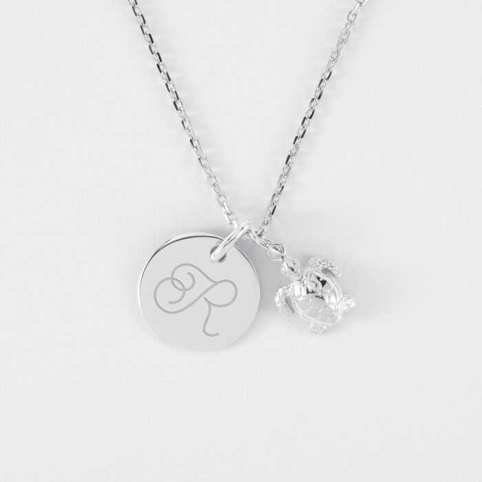 Pendentif enfant personnalisé médaille gravée argent 15 mm et breloque tortue 10 mm - initiale R