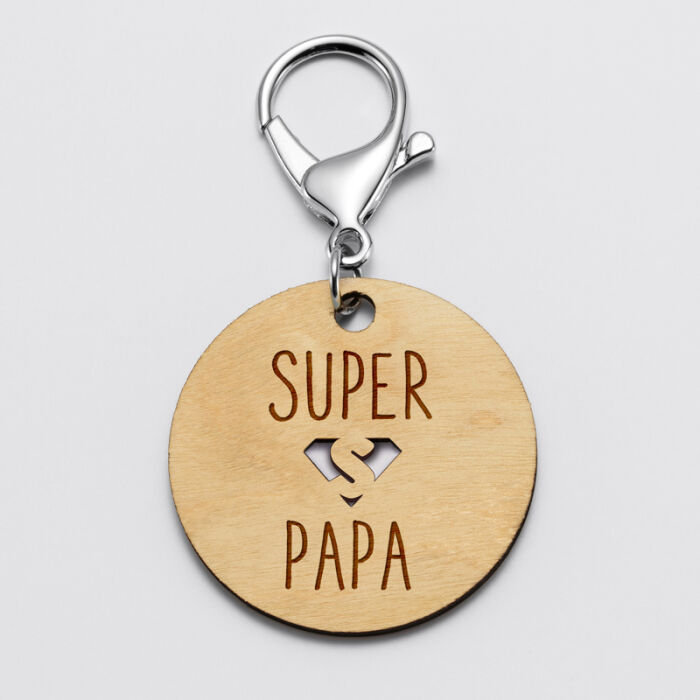 Porte-clés gravé bois médaille ronde 50 mm - Edition spéciale "Super Papa"