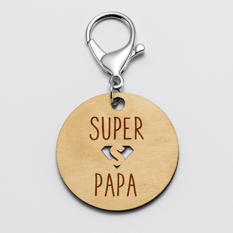 Porte-clés gravé bois médaille ronde 50 mm Super Papa