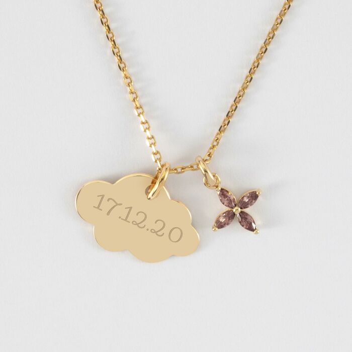 Pendentif enfant personnalisé médaille gravée plaqué or nuage 20x14 mm et breloque fleur pétales 10 mm